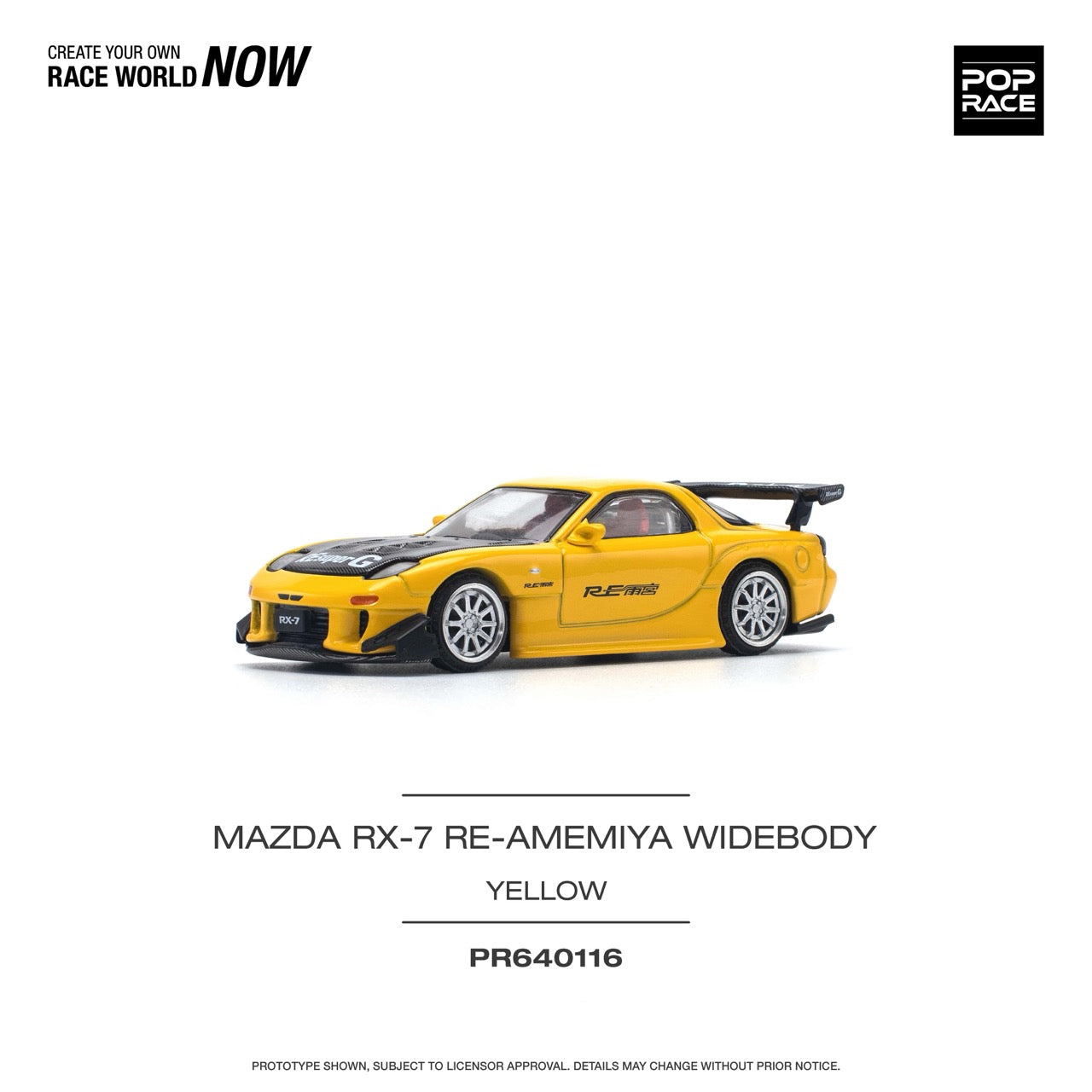 Pop Race 1:64 Mazda RX-7 Re-Amemiya Widebody Yellow Openable Engine Hood (PR640116)