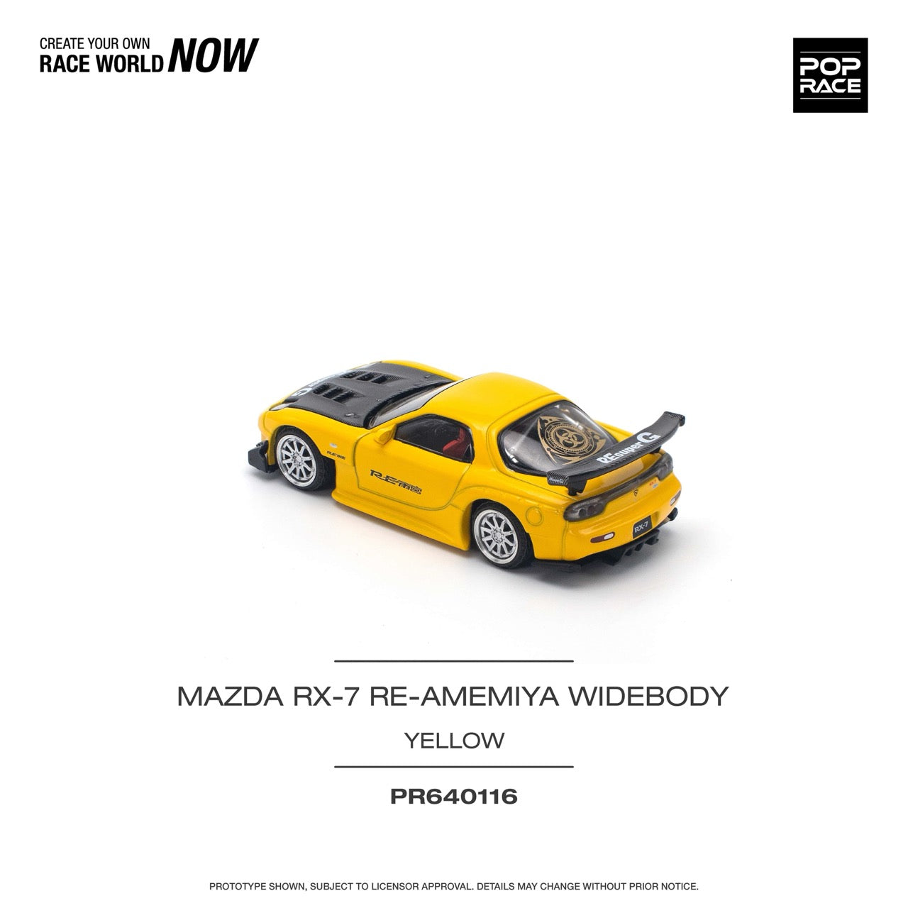 Pop Race 1:64 Mazda RX-7 Re-Amemiya Widebody Yellow Openable Engine Hood (PR640116)