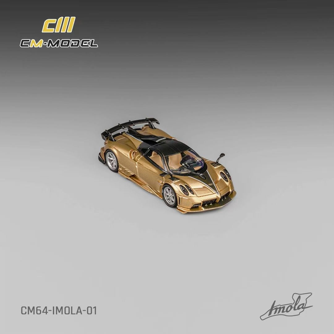 CM Model 1:64 Pagani Imola V12 Super Car Official Licensed Carbon Gold with Extra Wheel Set