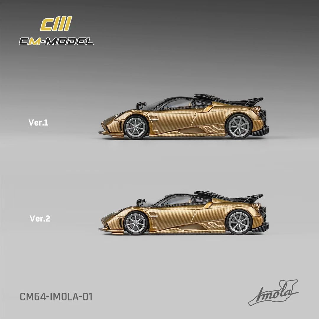 CM Model 1:64 Pagani Imola V12 Super Car Official Licensed Carbon Gold with Extra Wheel Set