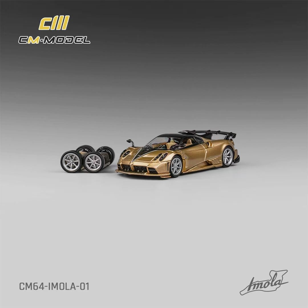 CM Model 1:64 Pagani Imola V12 Super Car Official Licensed Carbon Gold with Extra Wheel Set