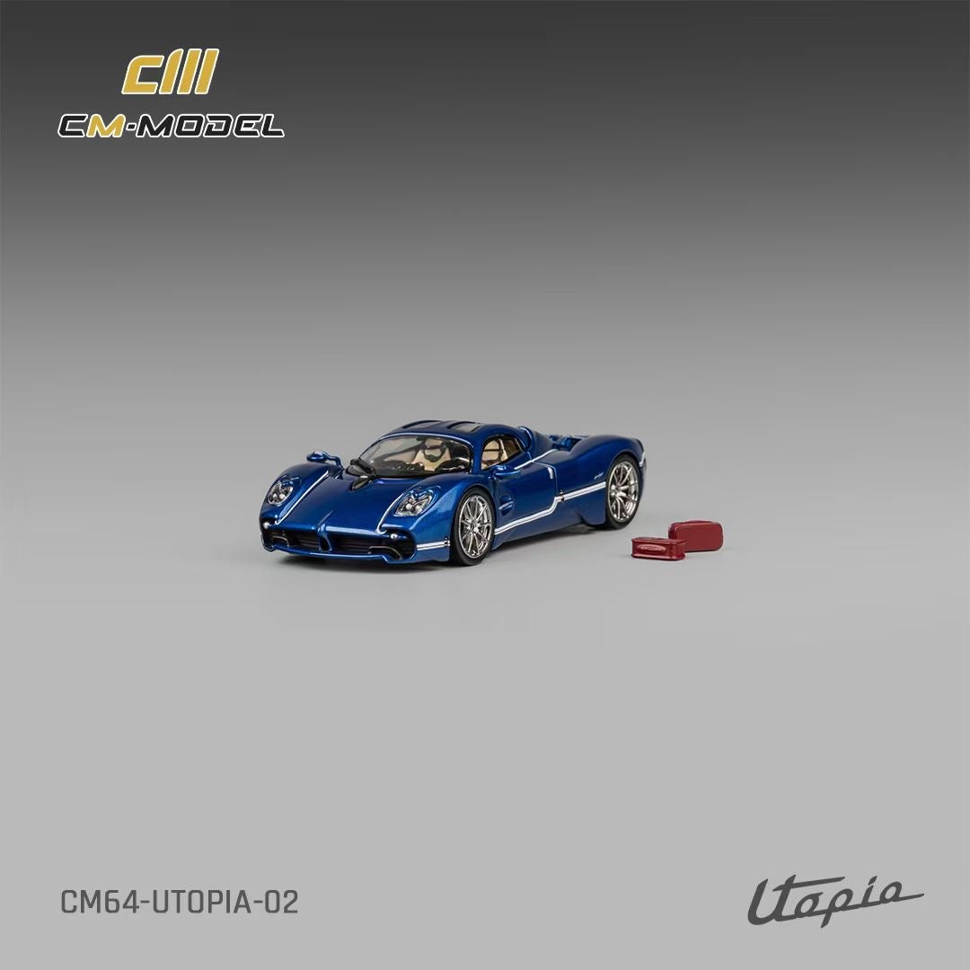 CM Model 1:64 Pagani Utopia Metallic Blue Official Licensed Removable Engine Hood with Detailed Engine Metallic Exhausts
