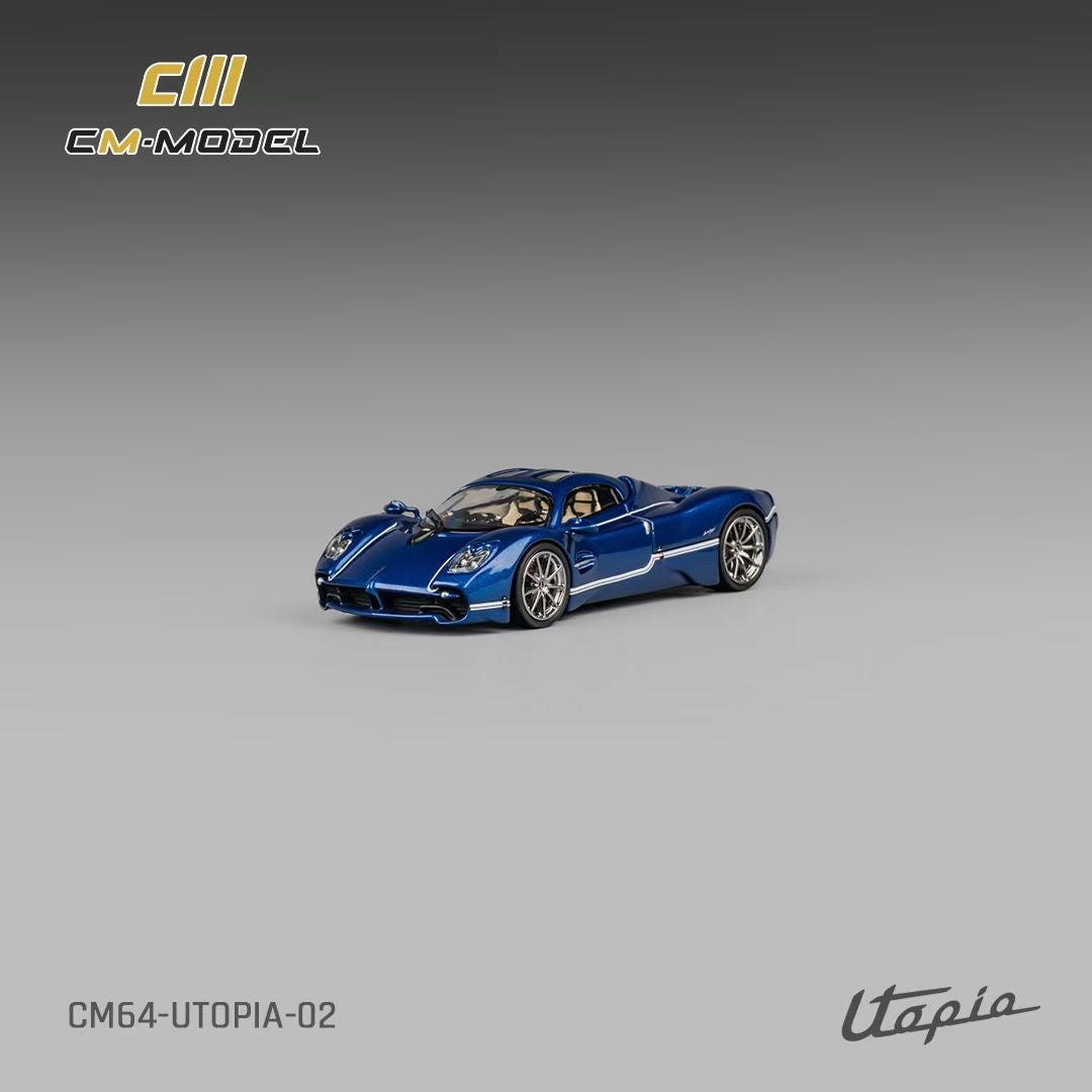 CM Model 1:64 Pagani Utopia Metallic Blue Official Licensed Removable Engine Hood with Detailed Engine Metallic Exhausts