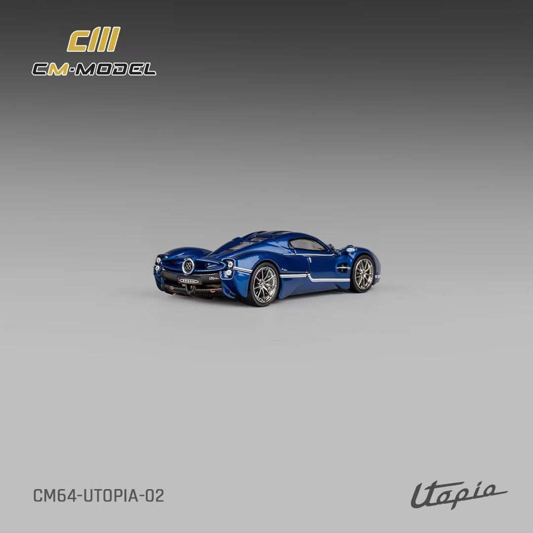 CM Model 1:64 Pagani Utopia Metallic Blue Official Licensed Removable Engine Hood with Detailed Engine Metallic Exhausts