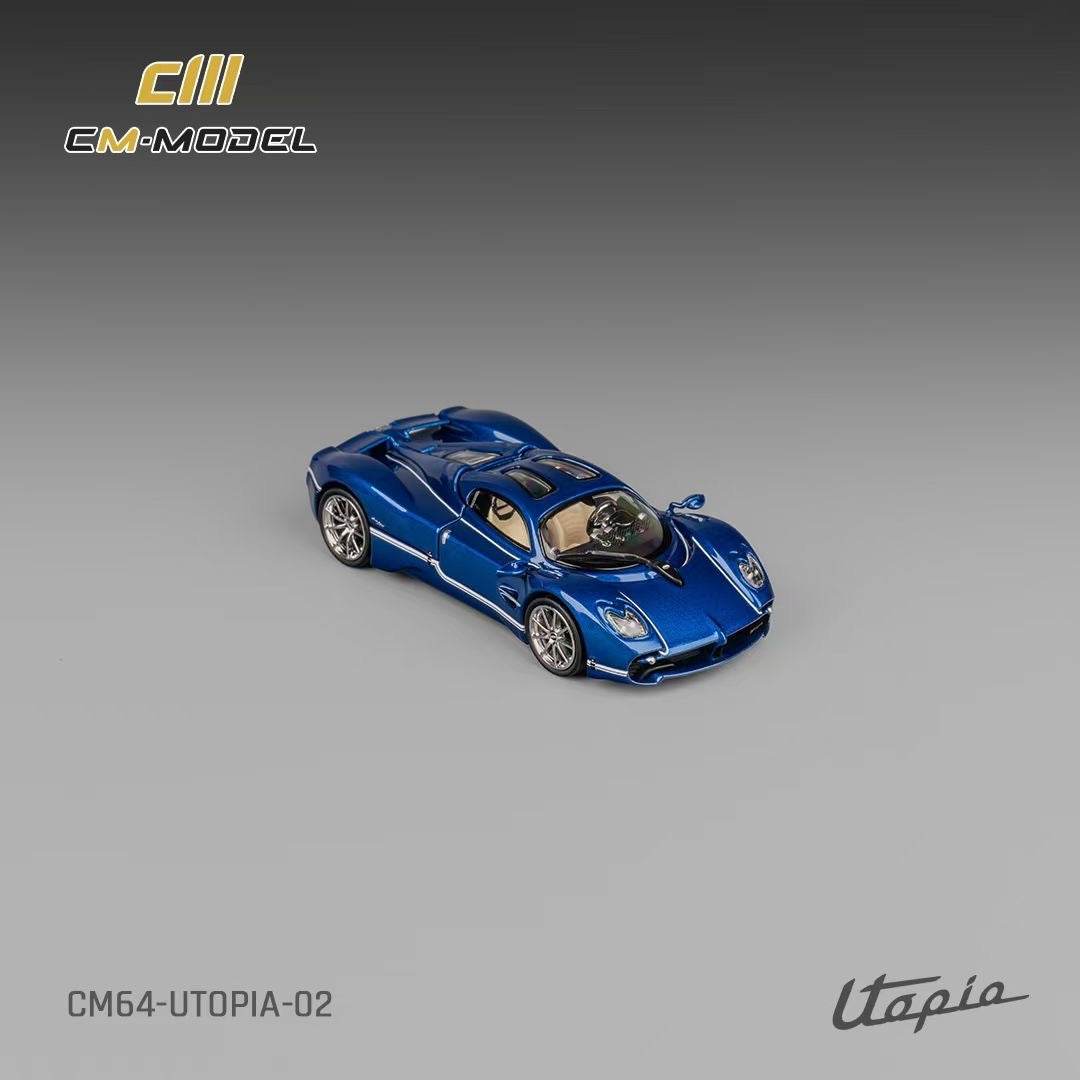 CM Model 1:64 Pagani Utopia Metallic Blue Official Licensed Removable Engine Hood with Detailed Engine Metallic Exhausts