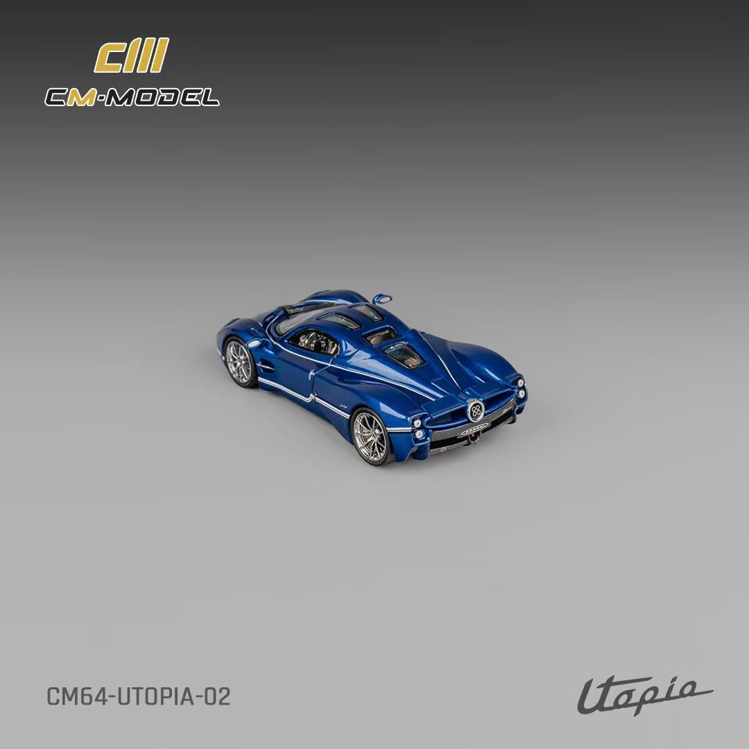 CM Model 1:64 Pagani Utopia Metallic Blue Official Licensed Removable Engine Hood with Detailed Engine Metallic Exhausts