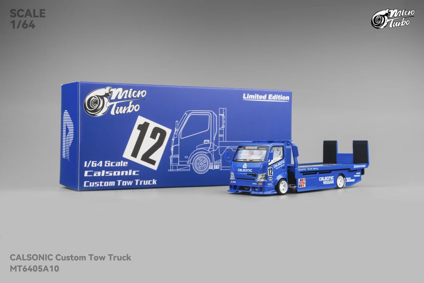 Micro Turbo 1:64 Hino 300 Series MK2 Custom Extendable Flat Bed Tow Truck Calsonic Kansel Blue Edition