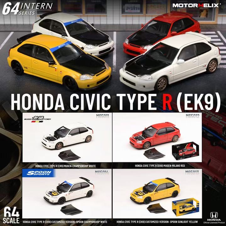 Motorhelix Intern Series 1:64 Honda Civic Type R EK9 Carbon Hood Mugen Edition Champion White - Honda and Mugen Official Licensed
