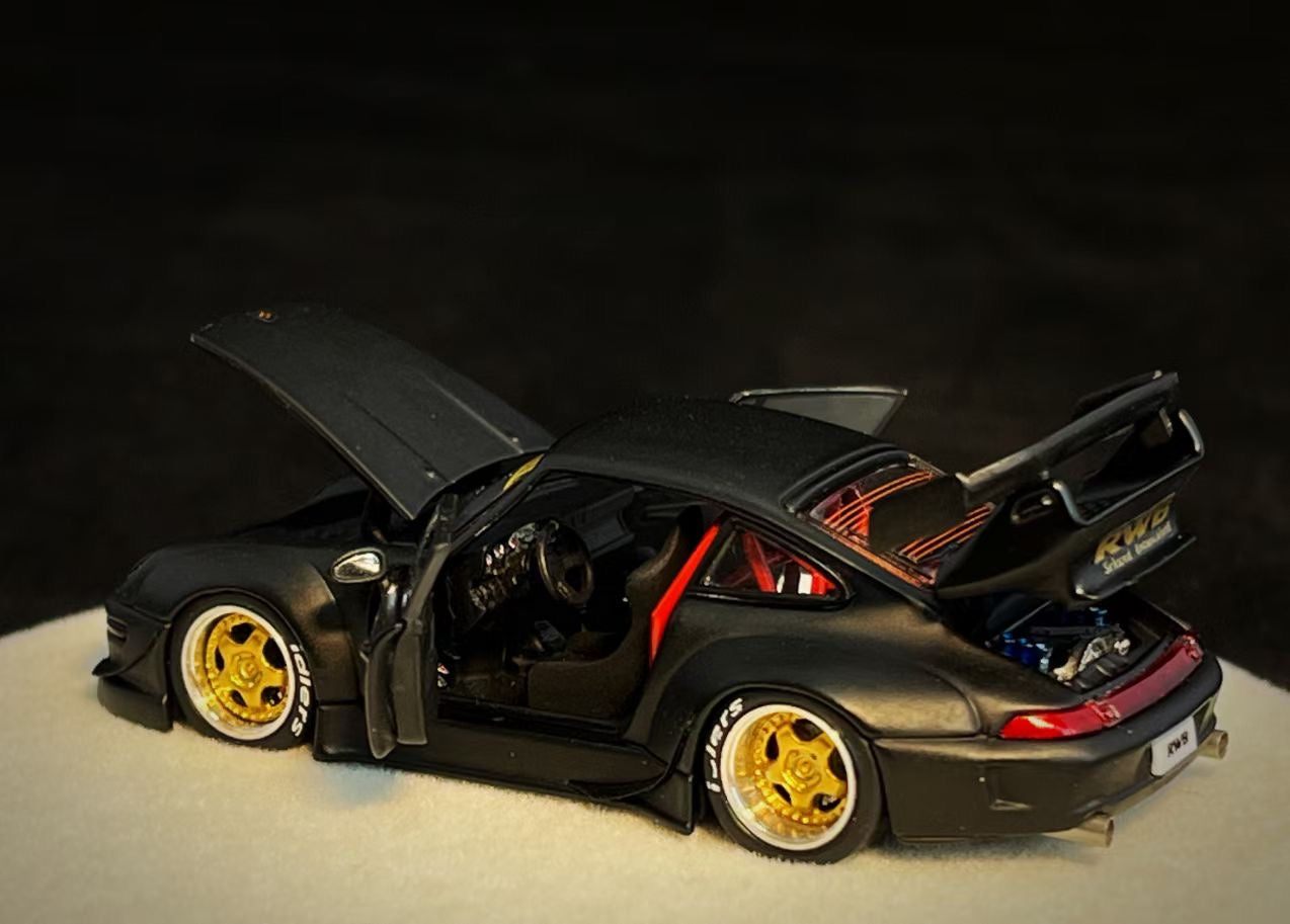 PGM 1:64 Porsche RWB 993 Wide Body Custom GT Wing Spoiler Matt Black Golden Wheels with All Openable Doors and Hoods Limited 999 Pieces Premium Round Box Packaging