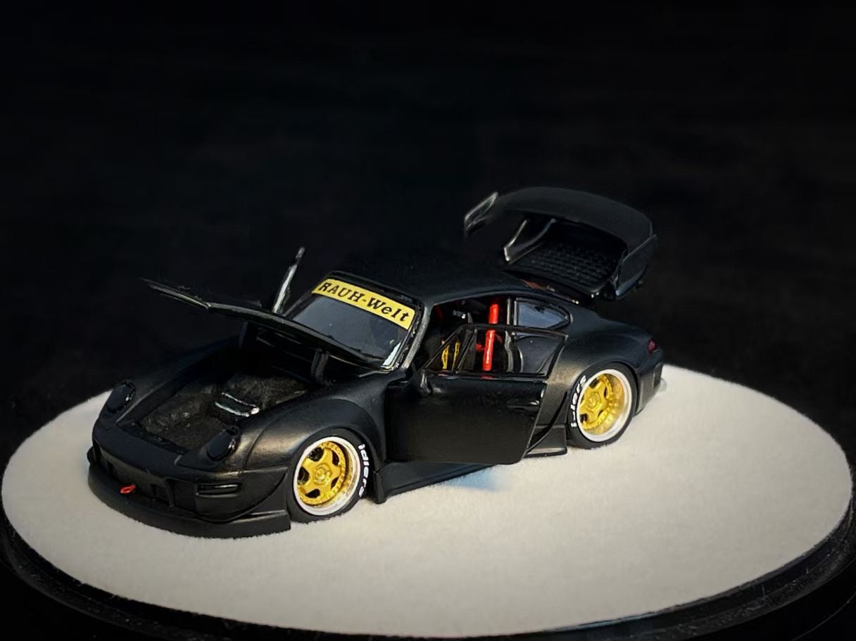 PGM 1:64 Porsche RWB 993 Wide Body Custom GT Wing Spoiler Matt Black Golden Wheels with All Openable Doors and Hoods Limited 999 Pieces Premium Round Box Packaging