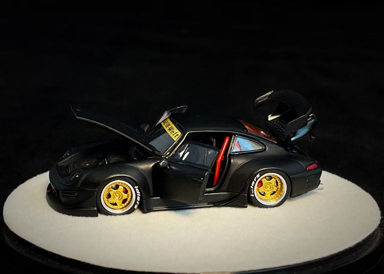 PGM 1:64 Porsche RWB 993 Wide Body Custom GT Wing Spoiler Matt Black Golden Wheels with All Openable Doors and Hoods Limited 999 Pieces Premium Round Box Packaging
