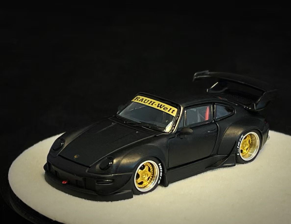 PGM 1:64 Porsche RWB 993 Wide Body Custom GT Wing Spoiler Matt Black Golden Wheels with All Openable Doors and Hoods Limited 999 Pieces Premium Round Box Packaging
