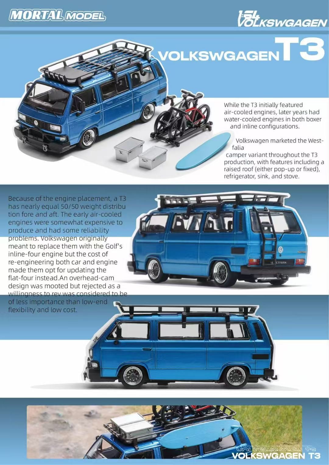 Mortal 1:64 Volkswagen Type 2 T3 Camper Van Kombi Custom Carrera Bus B32 Low Ride BBS Wheel Set Transparent Blue (With Roof Cage Bicycles Accessories + Surfing Board + Storage Boxes) Limited 799 Pieces
