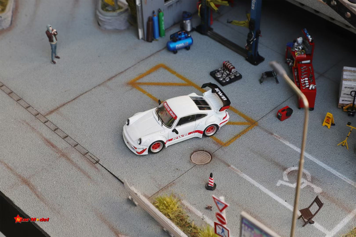 Star Model 1:64 Porsche RWB 964 GT Wing White with Red Wheels China AIT Expo 2025 Special Edition Limited 399 Pieces (Copy)