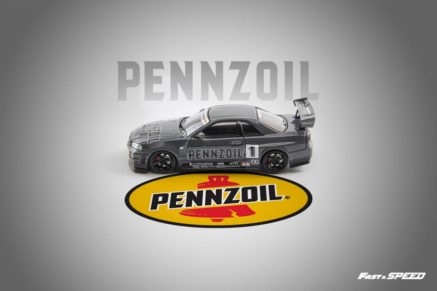 Fast Speed 1:64 Nissan GT-R BNR34 R34 Nismo Z-Tune Pennzoil #1 Grey