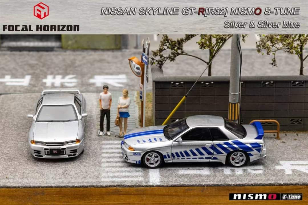 Focal Horizon 1/64 Nissan Skyline GT-R R32 Nismo S-Tune Fast & Furious Silver Blue with Openable Engine Hood