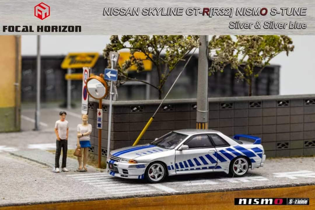 Focal Horizon 1/64 Nissan Skyline GT-R R32 Nismo S-Tune Fast & Furious Silver Blue with Openable Engine Hood