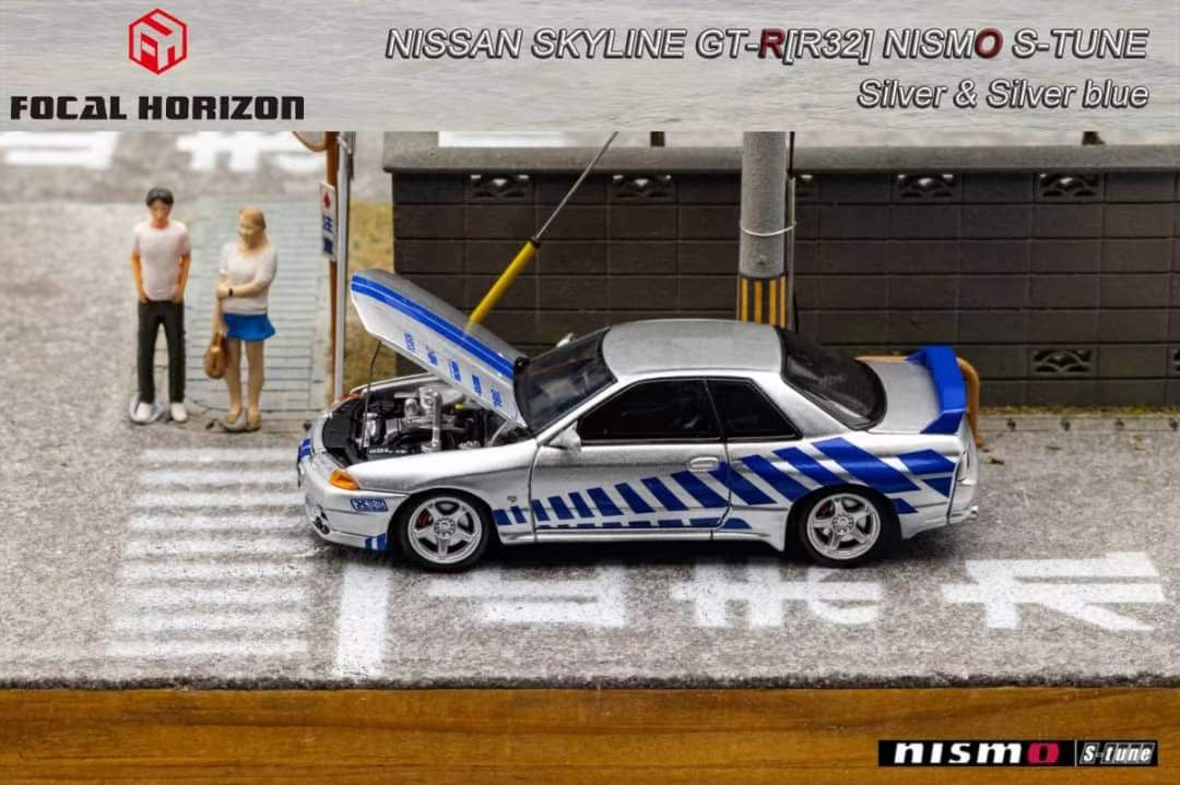 Focal Horizon 1/64 Nissan Skyline GT-R R32 Nismo S-Tune Fast & Furious Silver Blue with Openable Engine Hood