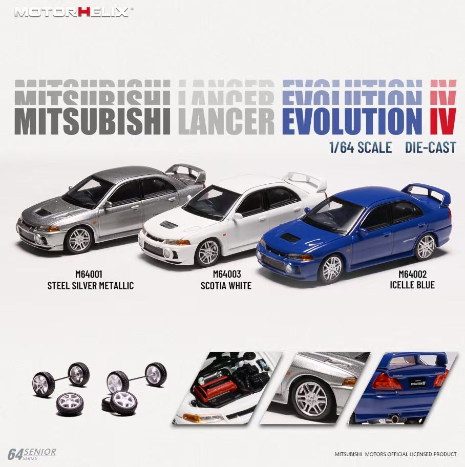 Motorhelix Senior Series 1:64 Mitsubishi Lancer Evolution 4 EVO IV Icelle Blue Openable Front Hood Detailed Engine - Mitsubishi Official Licensed