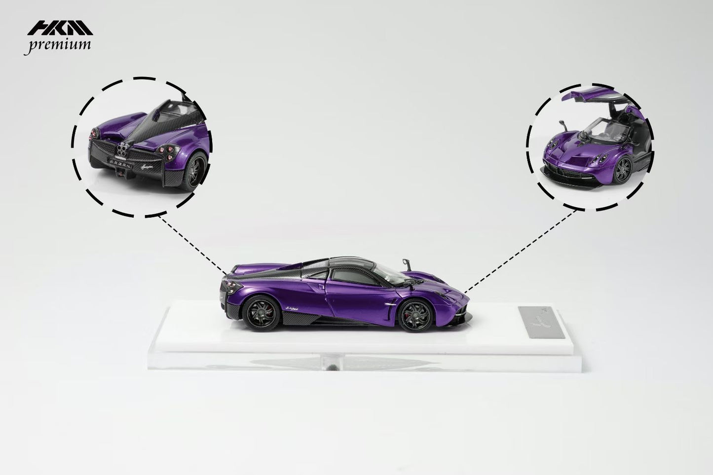 HKM Premium 1:64 Pagani Huayra Coupe 2014 Purple (Movable Rear Engine Boot, 2 Gull Wing Doors, Front and Rear Spoilers) Limited 999 Pieces