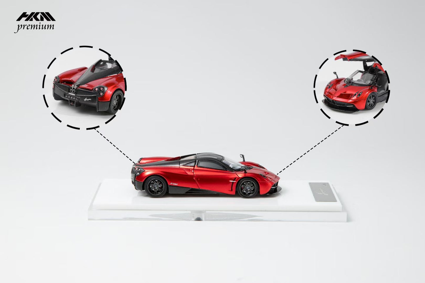 HKM Premium 1:64 Pagani Huayra Coupe 2014 Metallic Red (Movable Rear Engine Boot, 2 Gull Wing Doors, Front and Rear Spoilers) Limited 999 Pieces