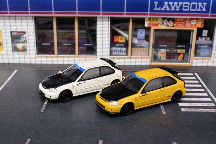 Motorhelix Intern Series 1:64 Honda Civic Type R EK9 Carbon Hood Spoon Edition Sunlight Yellow - Honda and Spoon Official Licensed