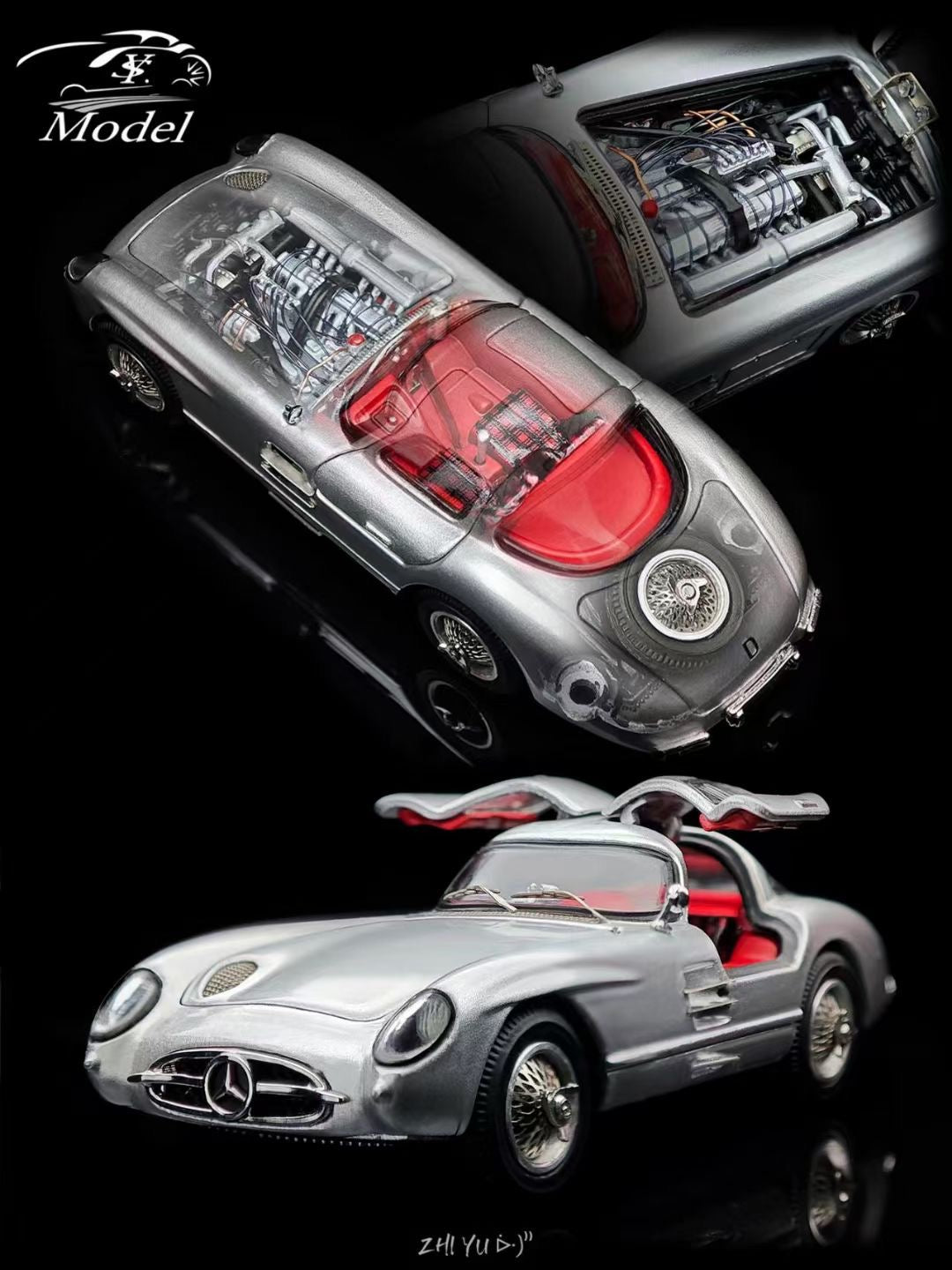 YS Model 1:64 Mercedes Benz SL Class MK1 300SLR W196S 1955 Uhlenhaut Coupe Openable Front Engine Hood and Gull Wing Doors