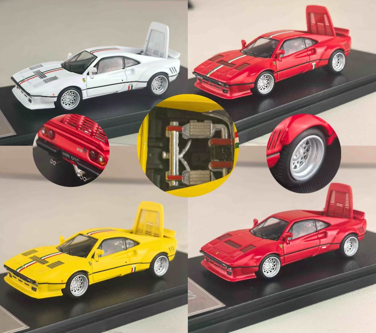 Hone Model 1:64 Ferrari 288 GTO Wide Body Custom Yellow with Racing Strips Openable Rear Engine Hood