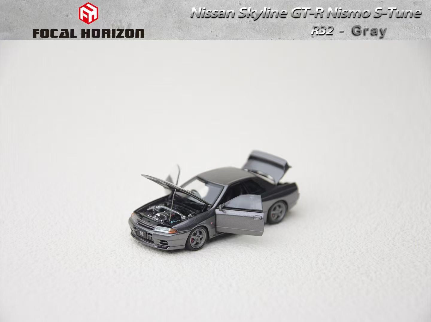 Focal Horizon 1:64 Nissan Skyline GT-R R32 Nismo S-Tune Gun Grey (ALL OPEN Doors and Hoods) Premium Case and Box Packaging