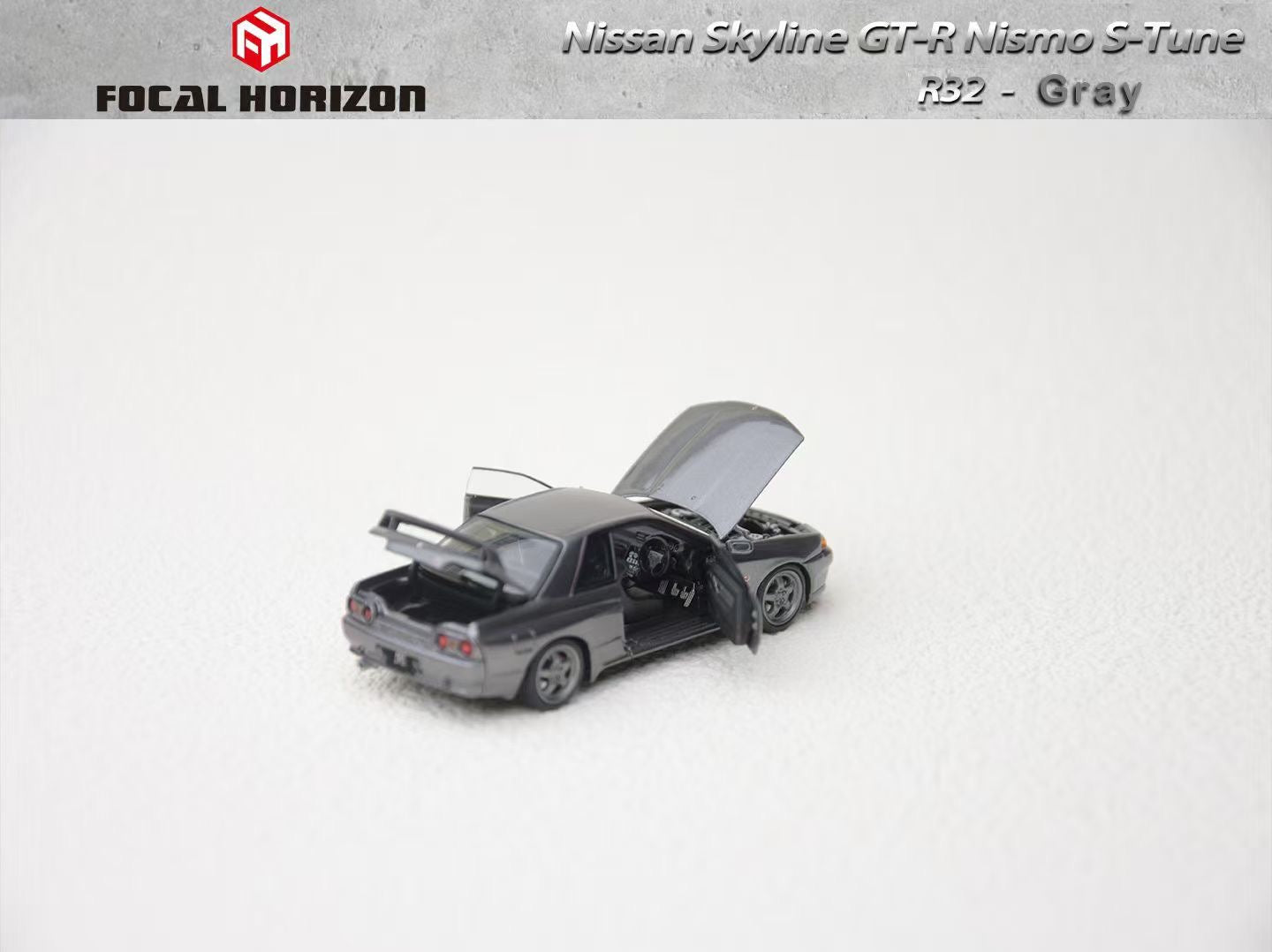 Focal Horizon 1:64 Nissan Skyline GT-R R32 Nismo S-Tune Gun Grey (ALL OPEN Doors and Hoods) Premium Case and Box Packaging