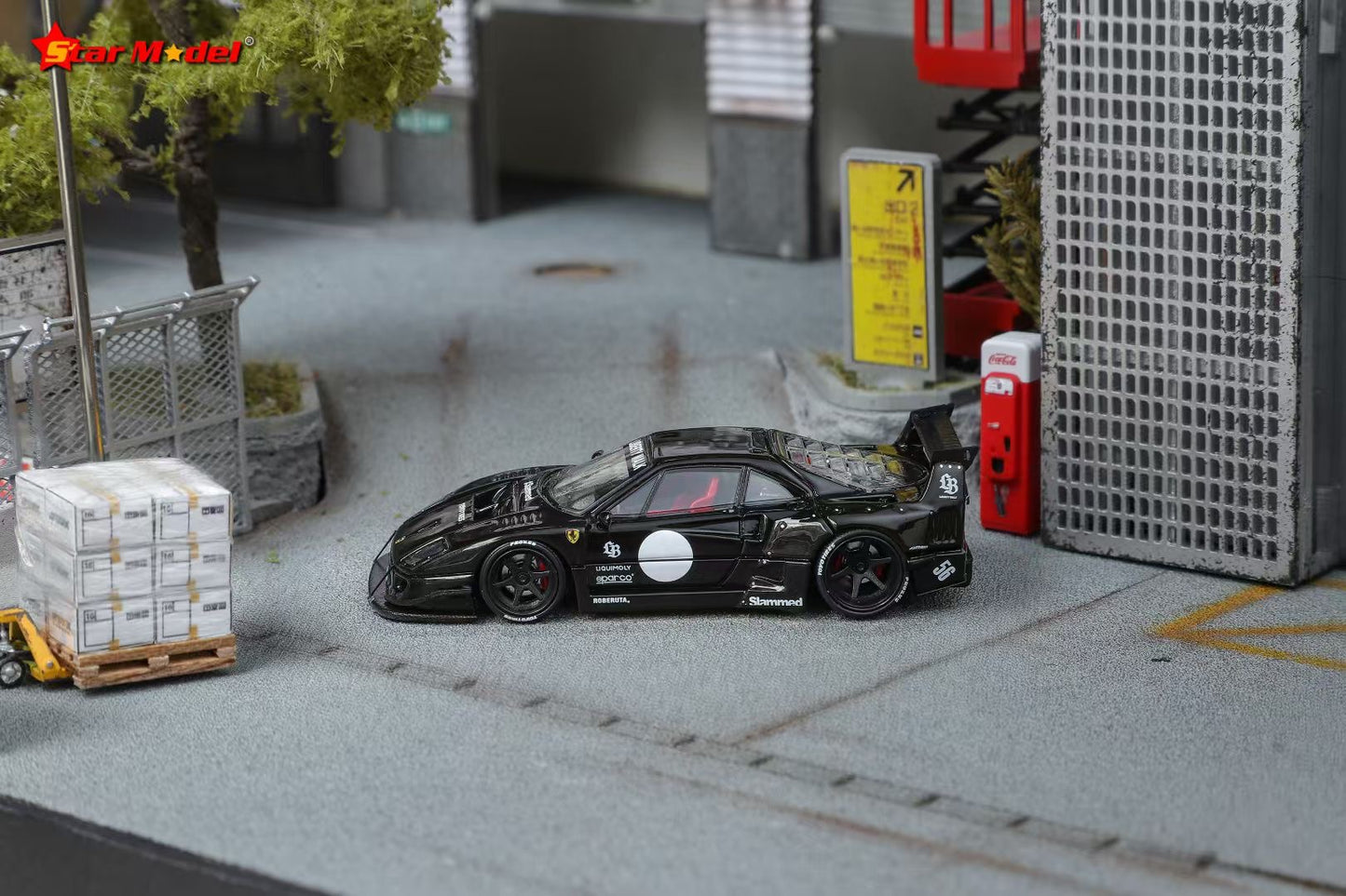 Star Model 1:64 Ferrari F40 Wide Body Custom Black Openable Rear Engine Hood with Detailed Engine (With 2 Red and 2 White Dot Decal Stickers for The Doors)