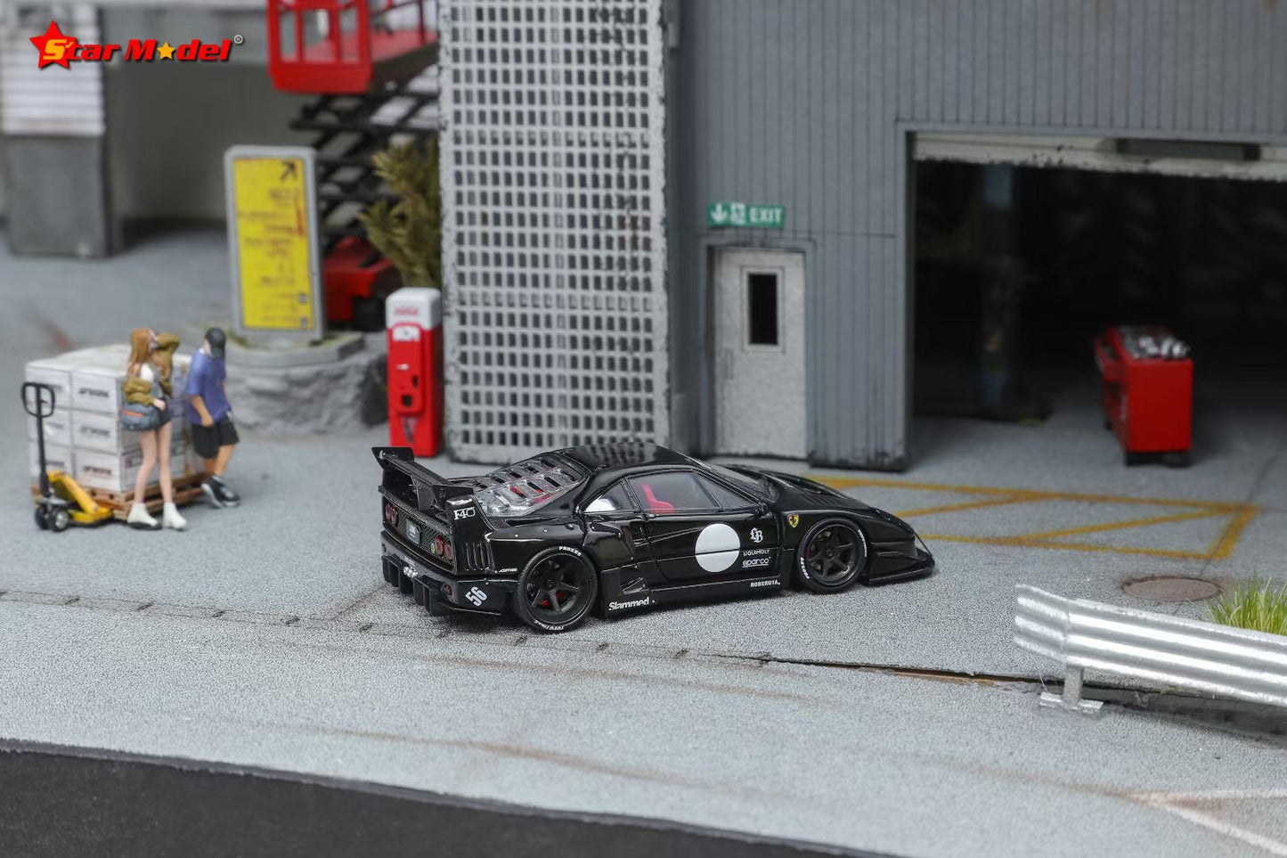 Star Model 1:64 Ferrari F40 Wide Body Custom Black Openable Rear Engine Hood with Detailed Engine (With 2 Red and 2 White Dot Decal Stickers for The Doors)