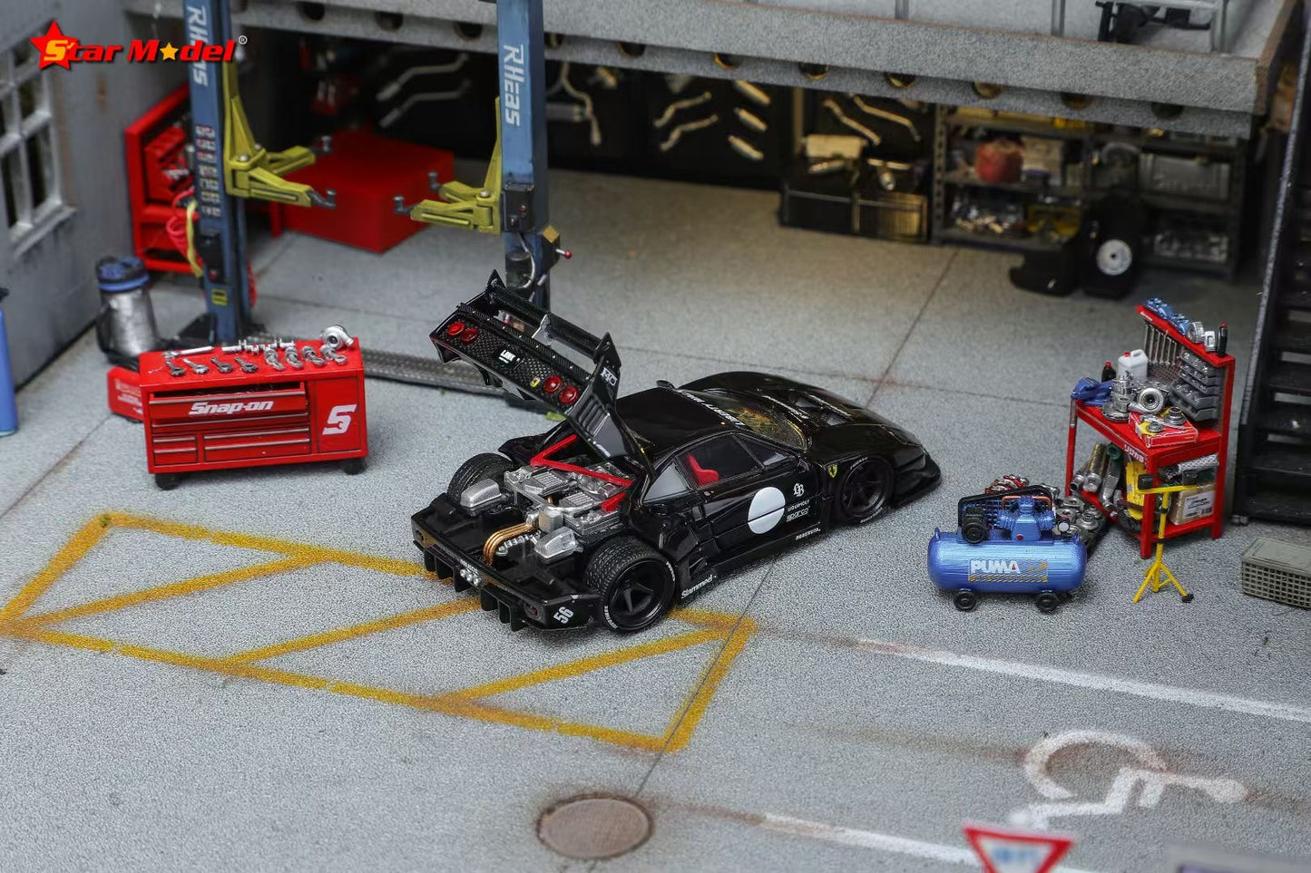Star Model 1:64 Ferrari F40 Wide Body Custom Black Openable Rear Engine Hood with Detailed Engine (With 2 Red and 2 White Dot Decal Stickers for The Doors)