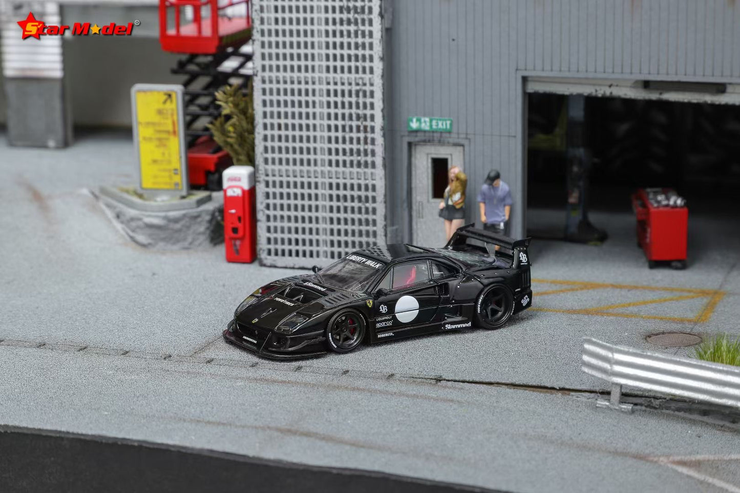 Star Model 1:64 Ferrari F40 Wide Body Custom Black Openable Rear Engine Hood with Detailed Engine (With 2 Red and 2 White Dot Decal Stickers for The Doors)