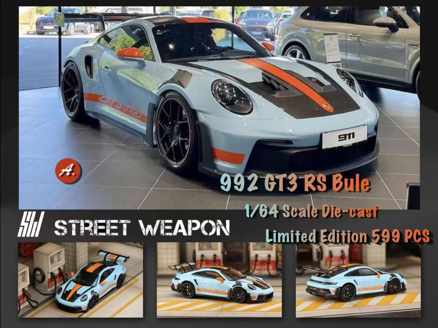 Street Weapon 1/64 Porsche 911 992 GT3 RS Gulf Blue with Black Wheels Limited 599 Pieces