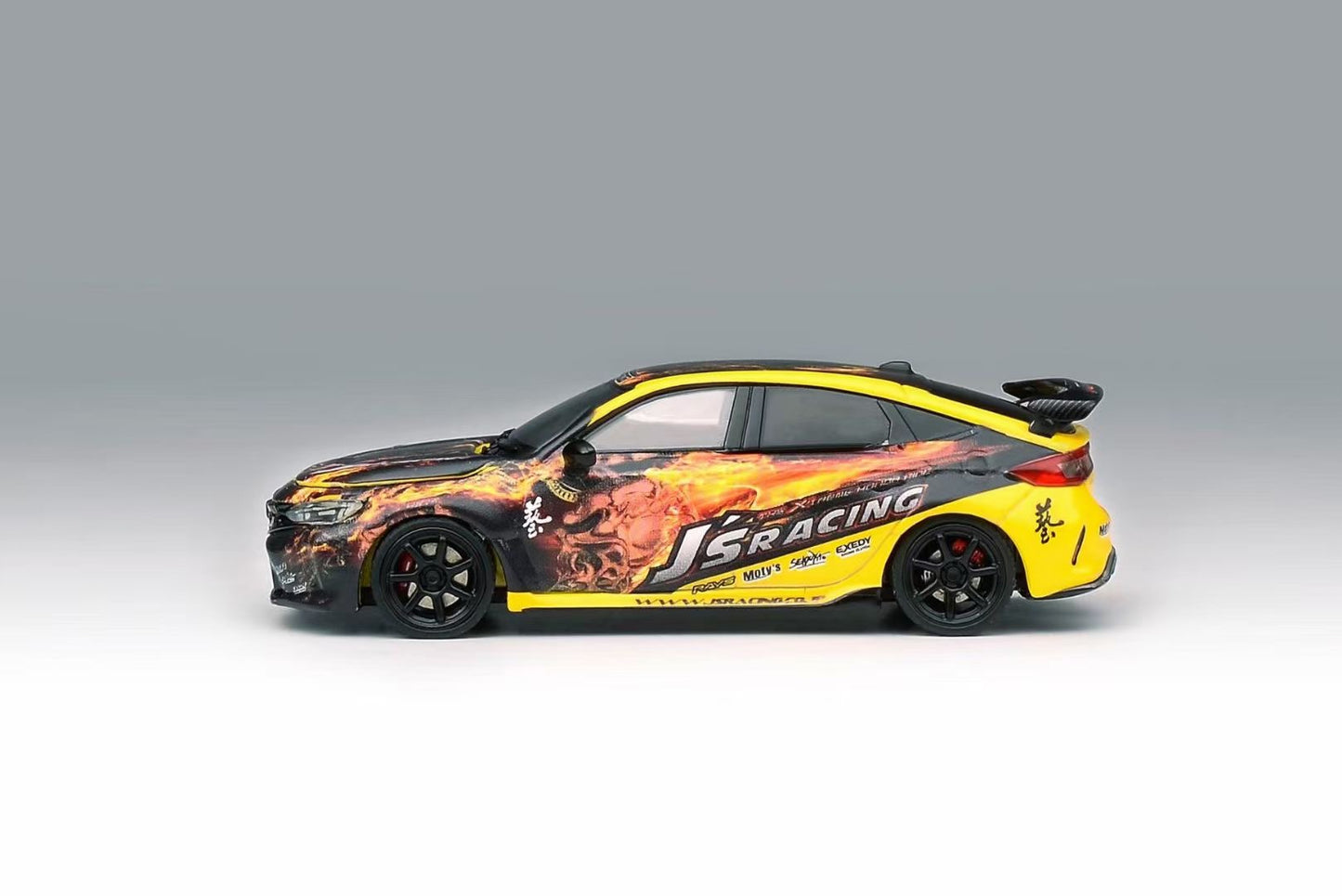 Motorhelix Senior Series 1:64 Honda Civic Type-R FL5 J's Racing Custom Black & Yellow Openable Front Engine Hood - Honda J's Racing Official Licensed