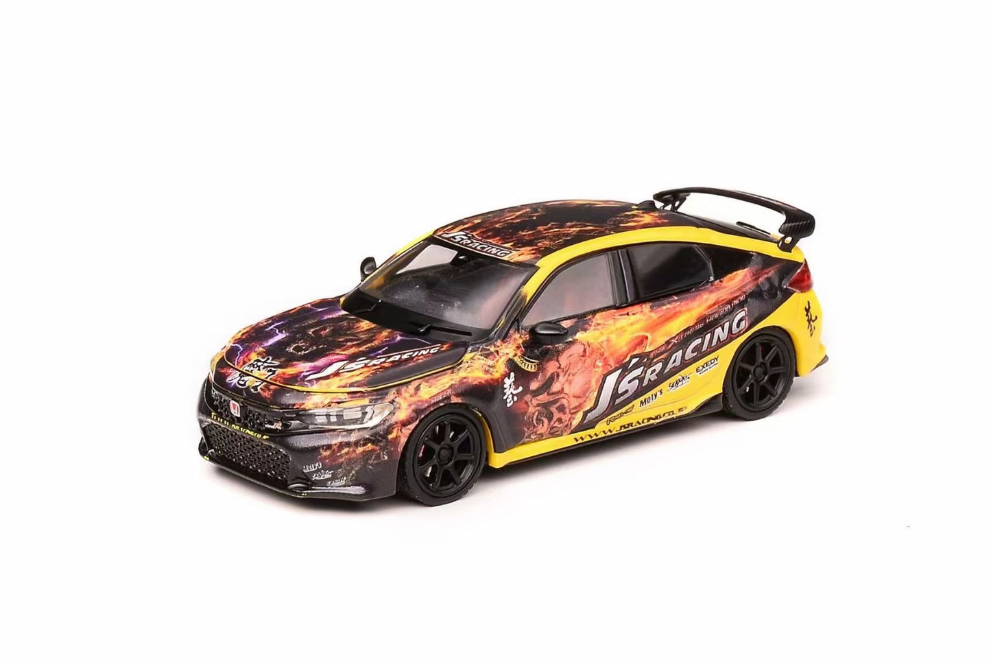 Motorhelix Senior Series 1:64 Honda Civic Type-R FL5 J's Racing Custom Black & Yellow Openable Front Engine Hood - Honda J's Racing Official Licensed