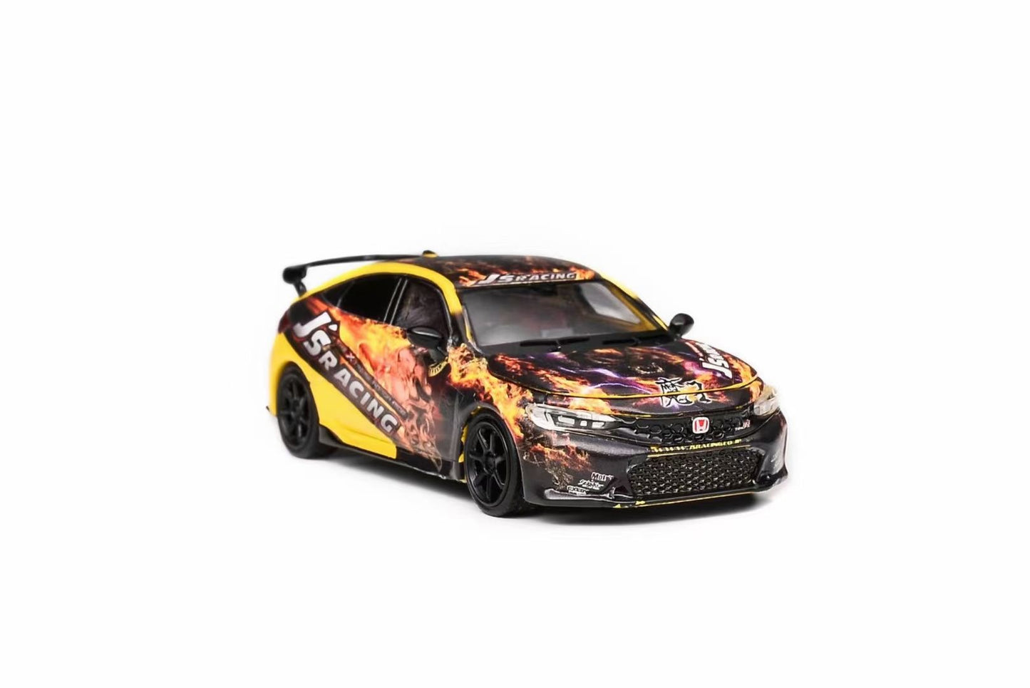 Motorhelix Senior Series 1:64 Honda Civic Type-R FL5 J's Racing Custom Black & Yellow Openable Front Engine Hood - Honda J's Racing Official Licensed