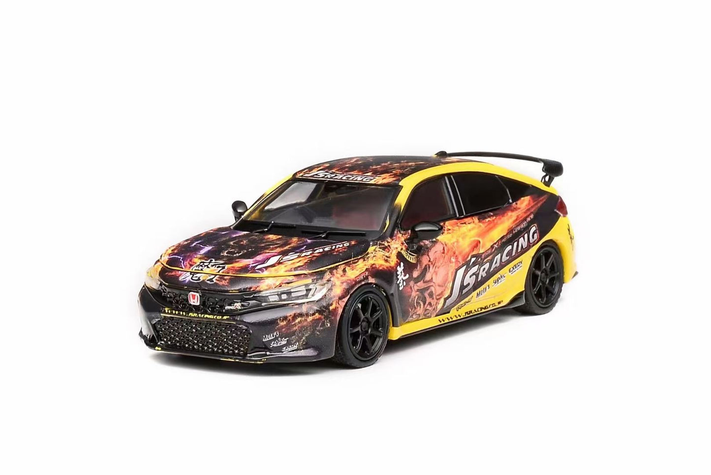 Motorhelix Senior Series 1:64 Honda Civic Type-R FL5 J's Racing Custom Black & Yellow Openable Front Engine Hood - Honda J's Racing Official Licensed