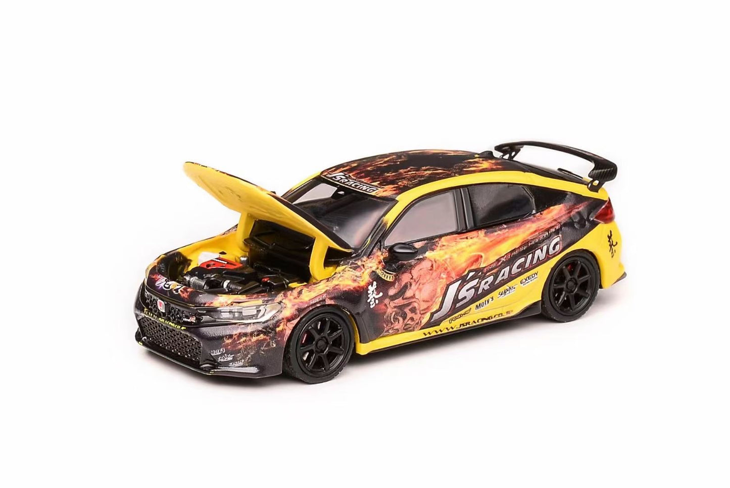 Motorhelix Senior Series 1:64 Honda Civic Type-R FL5 J's Racing Custom Black & Yellow Openable Front Engine Hood - Honda J's Racing Official Licensed