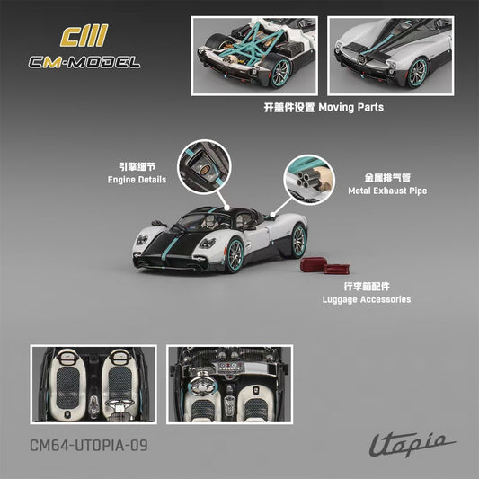 CM Model 1:64 Pagani Utopia Pearl White Official Licensed Removable Engine Hood with Detailed Engine Metallic Exhausts