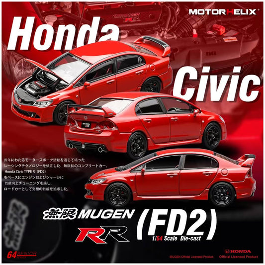 Motorhelix Senior Series 1:64 Honda Civic Type-R FD2 Mugen RR Red Openable Front Hood Detailed Engine (Honda & Mugen Double Official Licensed)