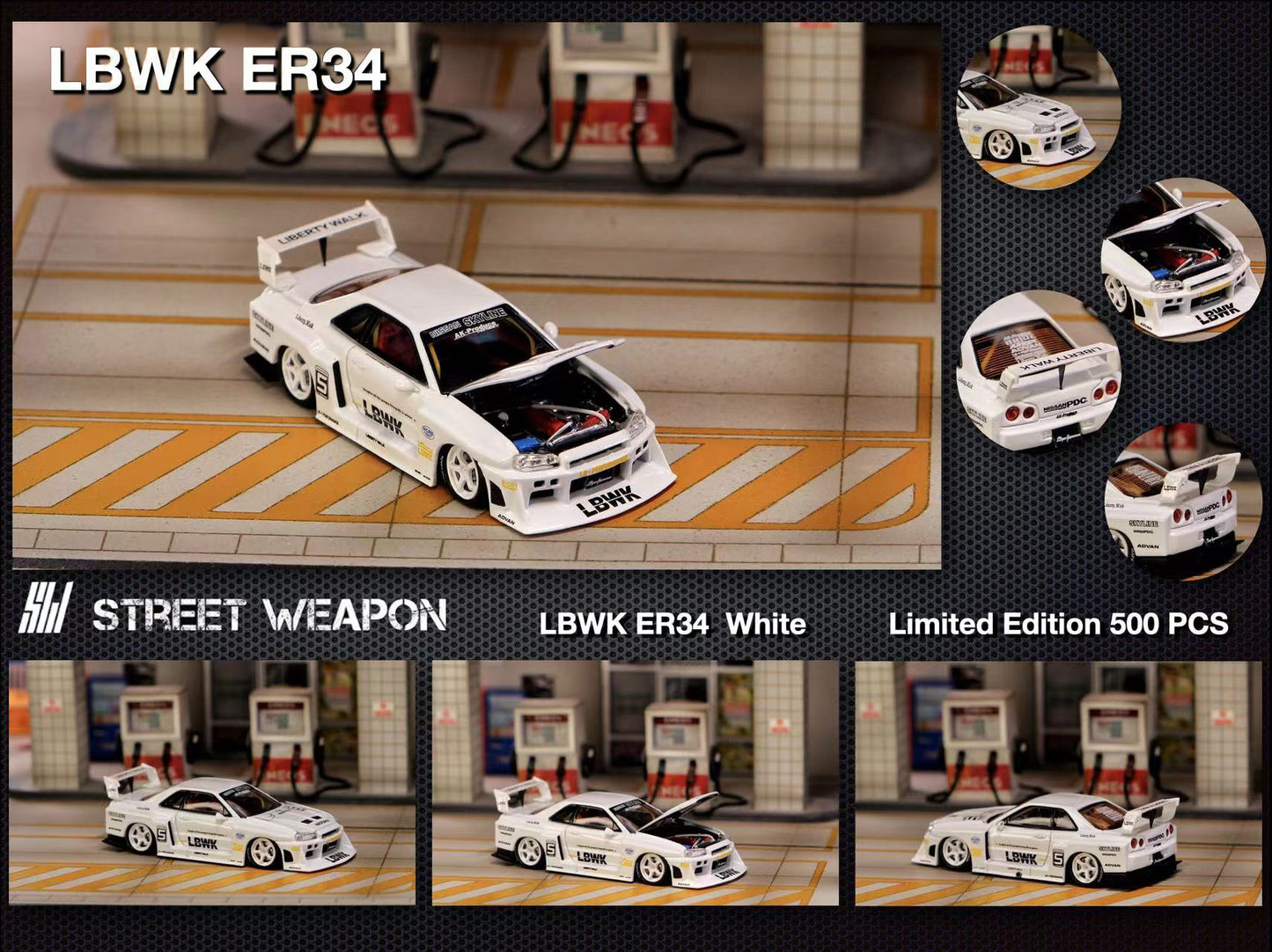 Street Weapon 1/64 Nissan Skyline GT-R R34 LBWK ER34 Liberty Walk White with Openable Bonnet Engine Hood