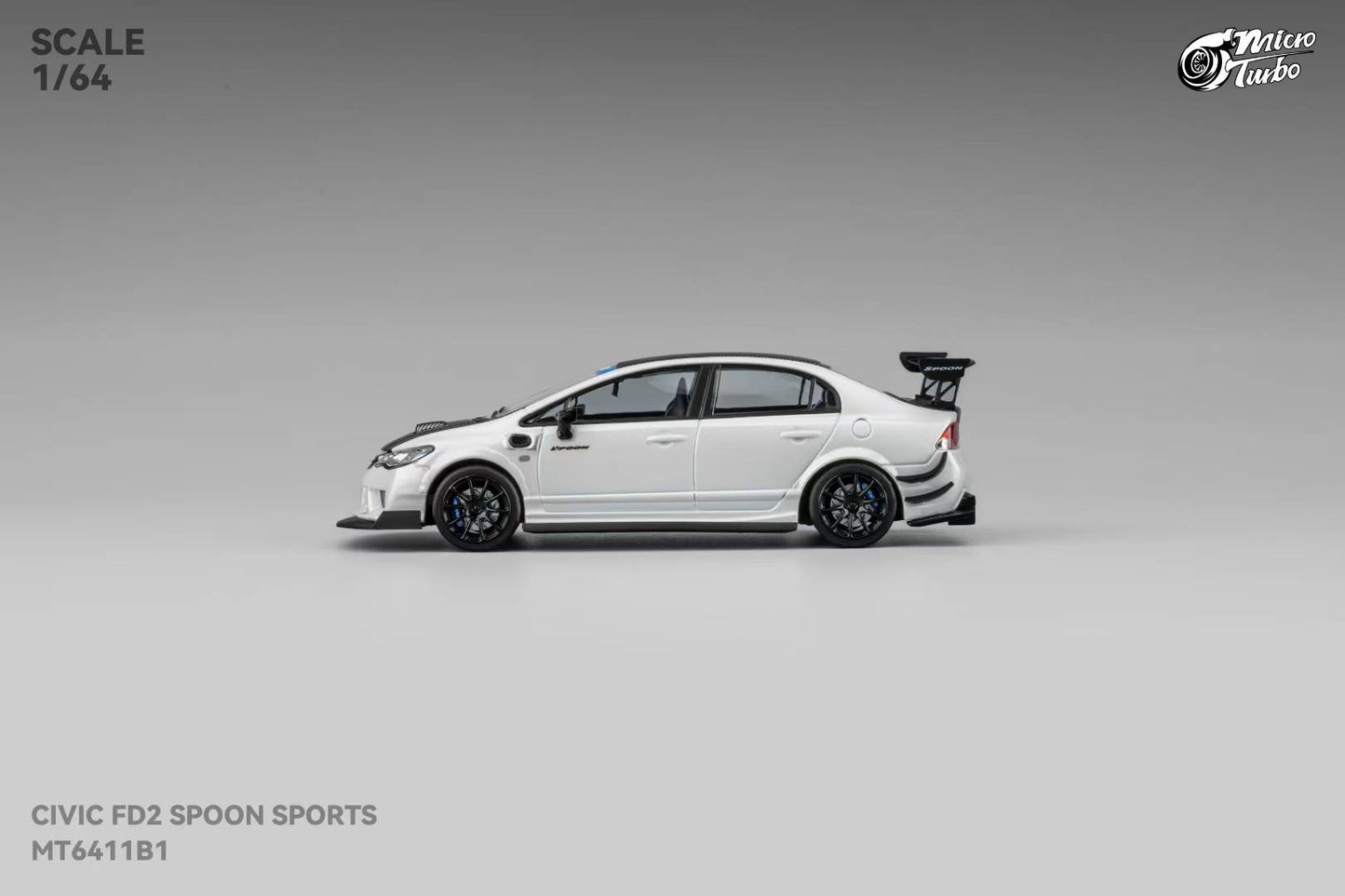 Micro Turbo 1:64 Honda CIVIC FD2 Spoon Sports Metallic White with Black Carbon Hood (Openable Front Hood + Detailed Engine)