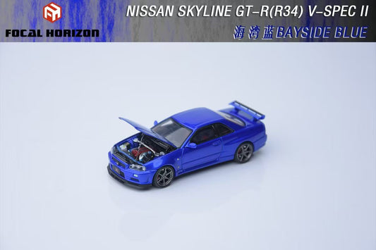 Focal Horizon 1:64 Nissan Skyline GT-R R34 V-SPEC-II Bayside Blue Openable Hood Detailed Engine