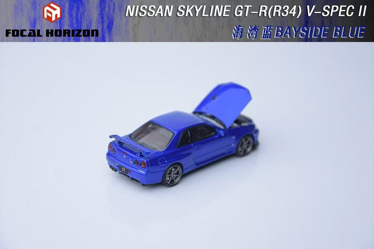 Focal Horizon 1:64 Nissan Skyline GT-R R34 V-SPEC-II Bayside Blue Openable Hood Detailed Engine
