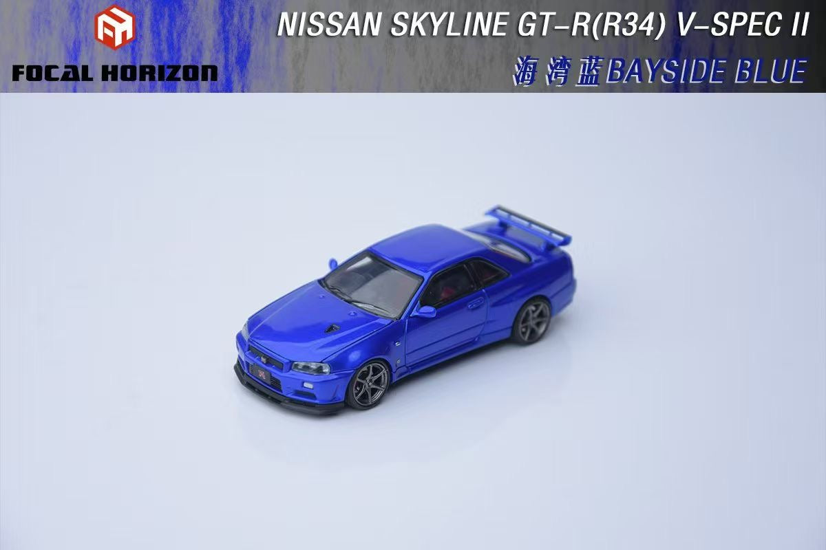 Focal Horizon 1:64 Nissan Skyline GT-R R34 V-SPEC-II Bayside Blue Openable Hood Detailed Engine