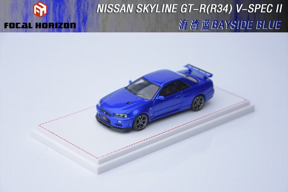 Focal Horizon 1:64 Nissan Skyline GT-R R34 V-SPEC-II Bayside Blue Openable Hood Detailed Engine