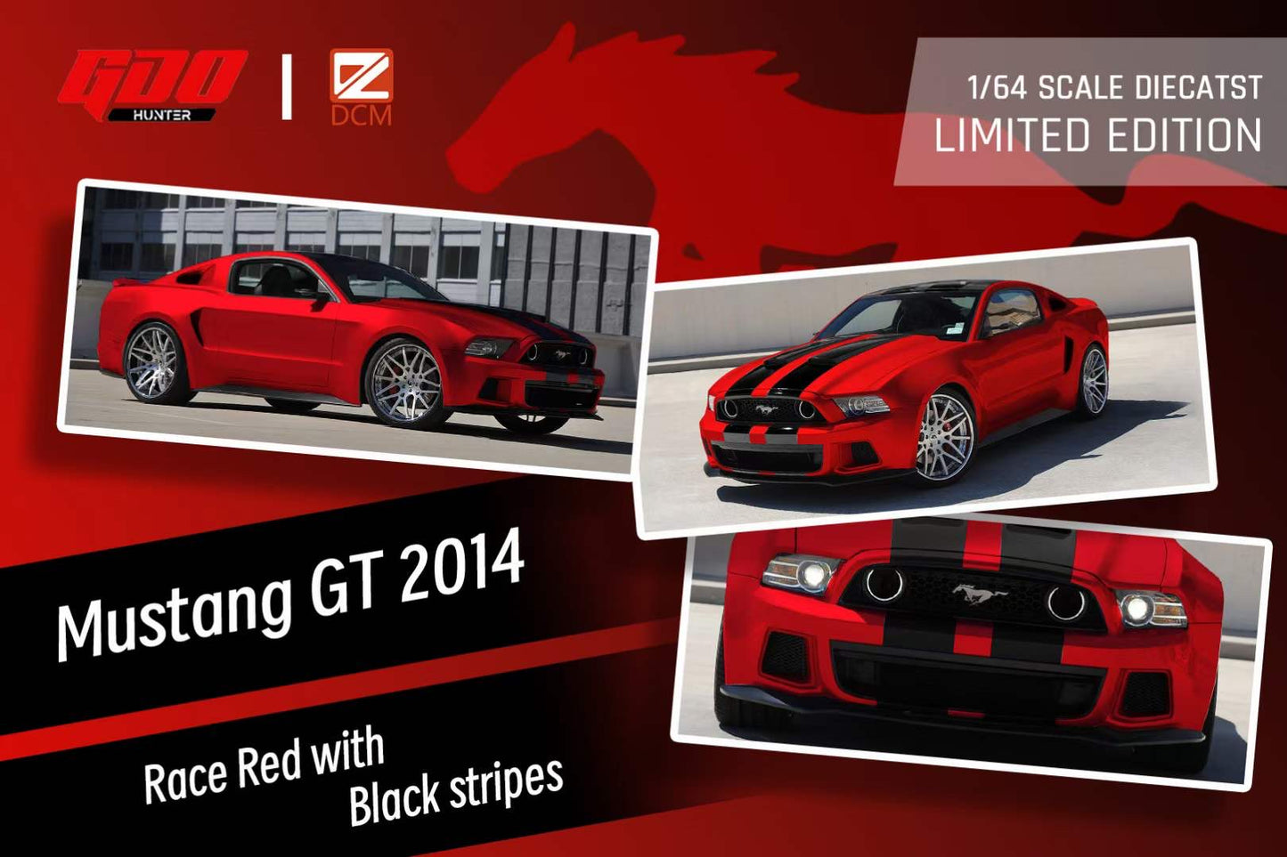 GDO X DCM 1:64 Ford Mustang GT MK5 2014 Race Red with Black Stripes