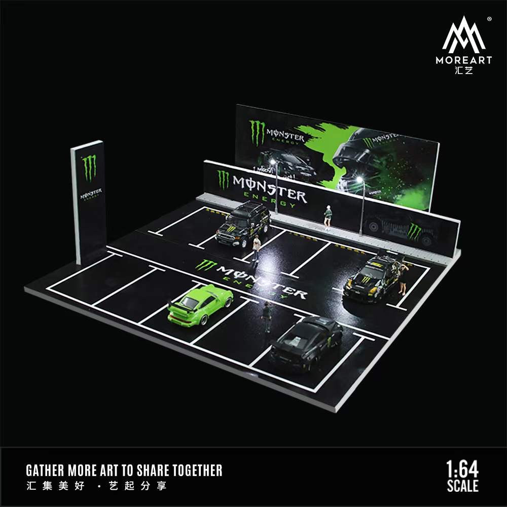 MoreArt 1/64 Car Park Parking Lot Scene Outdoor Diorama with LED Light- Monster Energy Edition